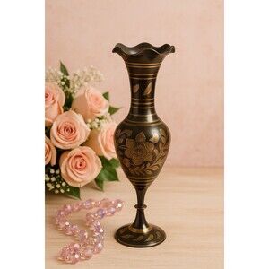 Vintage Mid-Century Etched Brass Vase Black & Gold Floral Made in India 11.5”